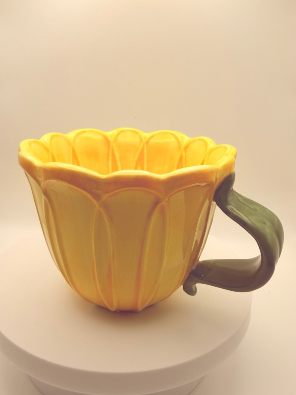 Yellow Floral Ceramic Mug with Green Leaf Handle